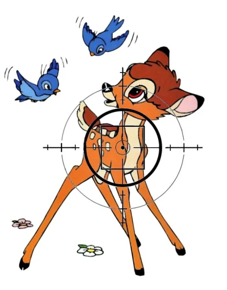 an orange deer looking at a bird with a magnifying glass and target on its body
