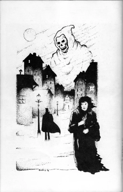 a drawing of a woman standing near a ghost