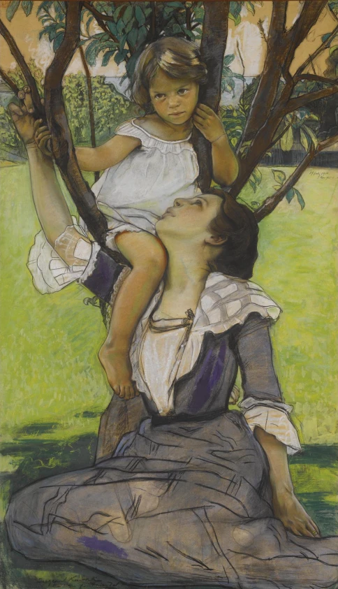 a woman holding onto the face of a child on top of a stone