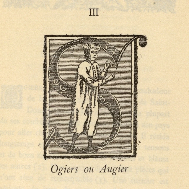a book with an old, black and white drawing of a man holding a stick