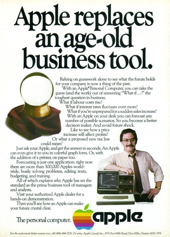 an old apple advertit from the seventies with a man on a computer