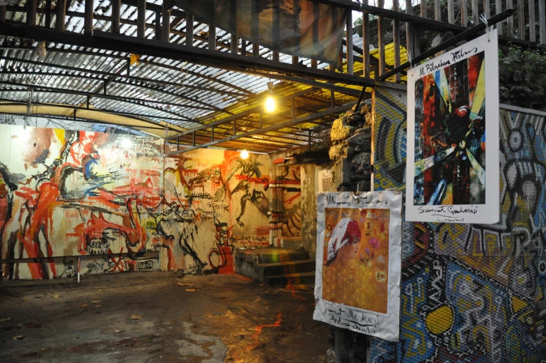 an outdoor patio area has been decorated with graffiti