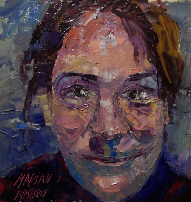 painting of a smiling woman looking down at the camera