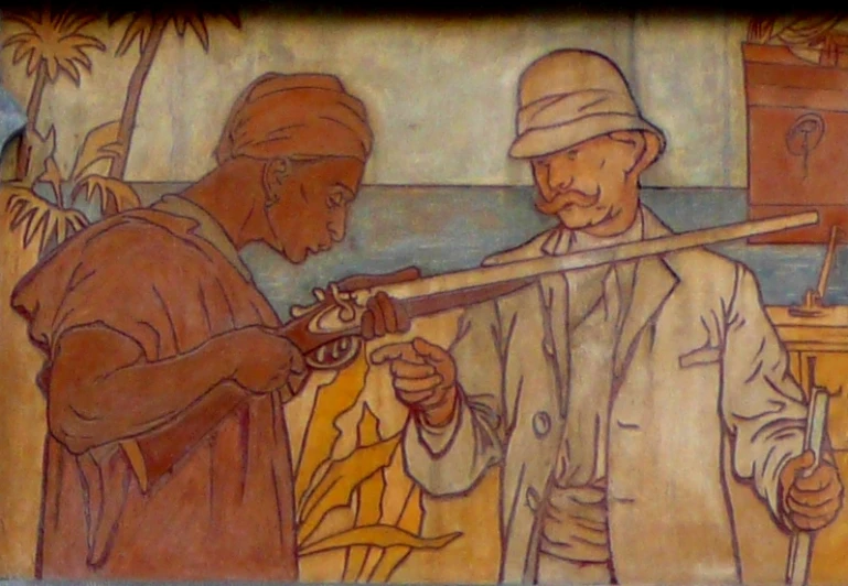 two men are looking at an object with a knife