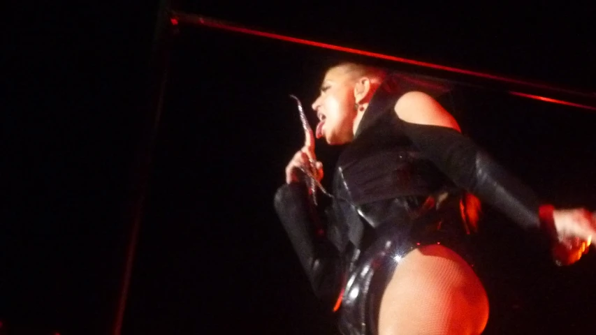 a person in leather clothes holding a microphone
