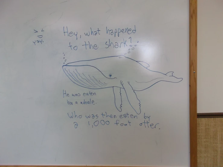 handwritten note is on white board depicting whale