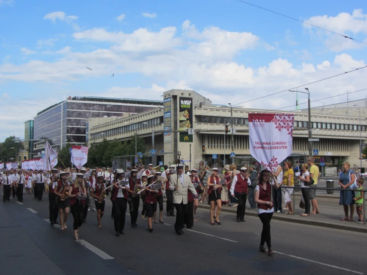 several people holding flags in the middle of the street