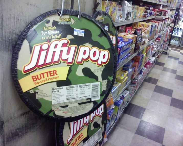 a display case for jiffy pop, in a store