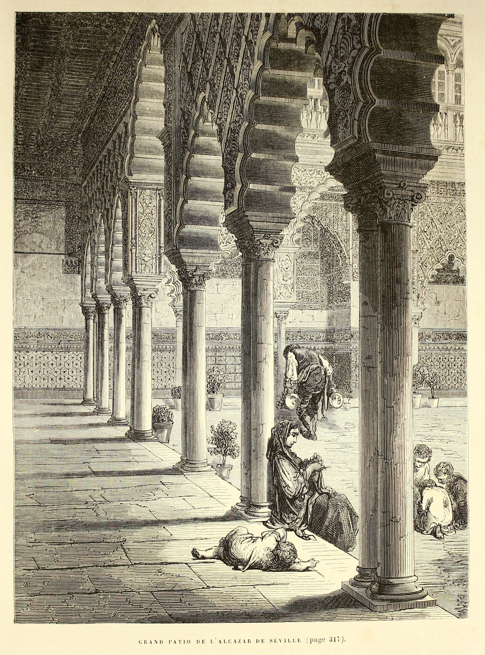 antique illustration depicting the old palace and columns