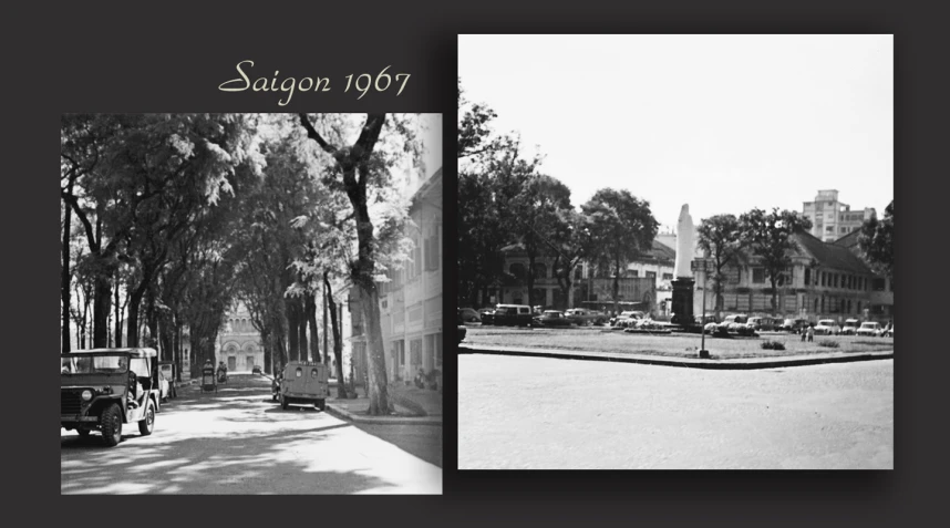 three pictures show the same building and surrounding trees