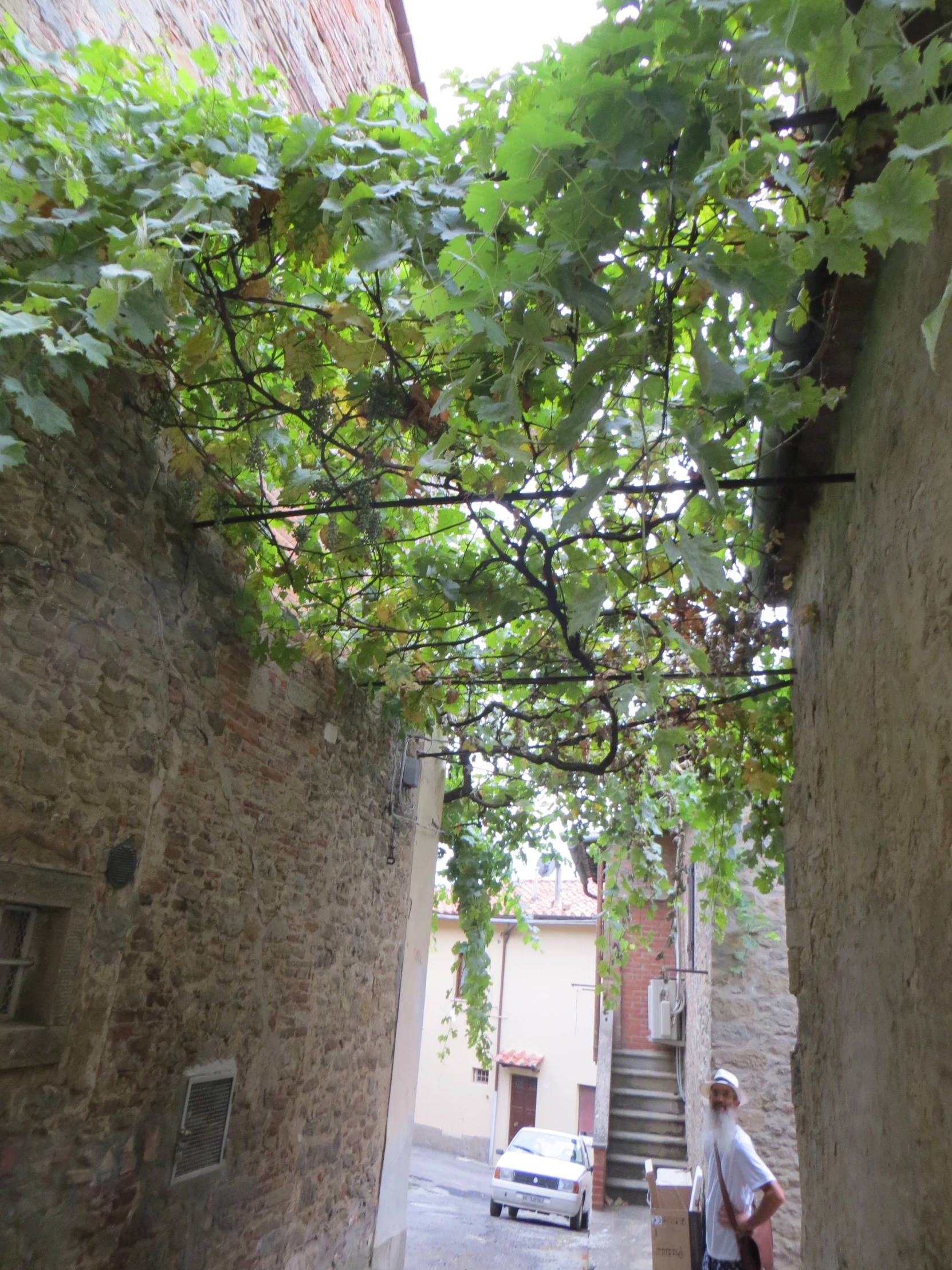 a man is walking through an alleyway in the city