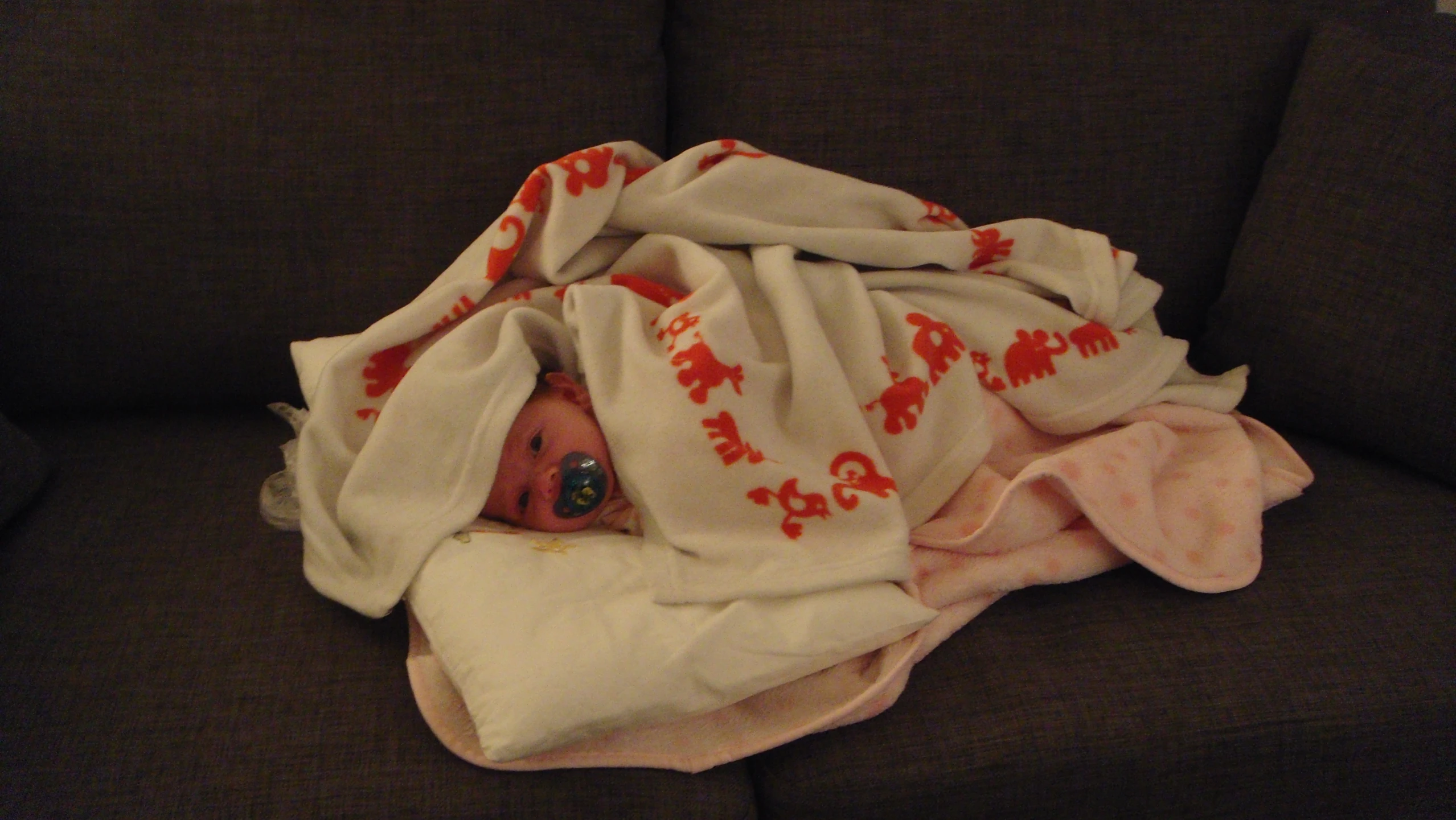 a baby wrapped up in a blanket on a couch