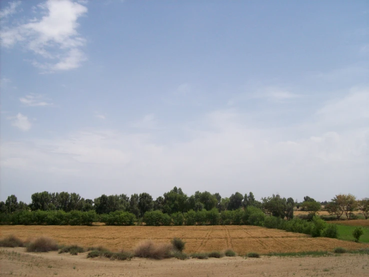 there is a train traveling through an empty field