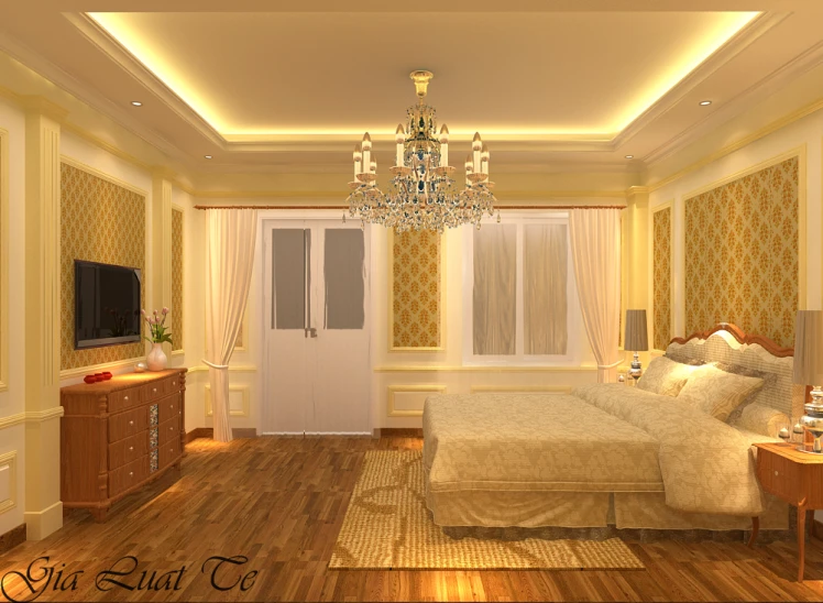 a nice bedroom with chandelier, window and bed