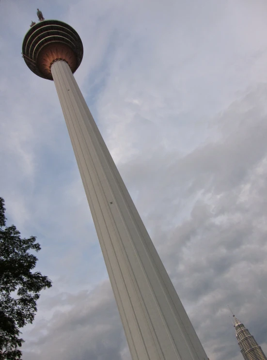 a very tall white column that is next to a tree