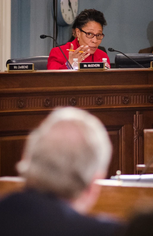 a lady at a meeting with people sitting around her