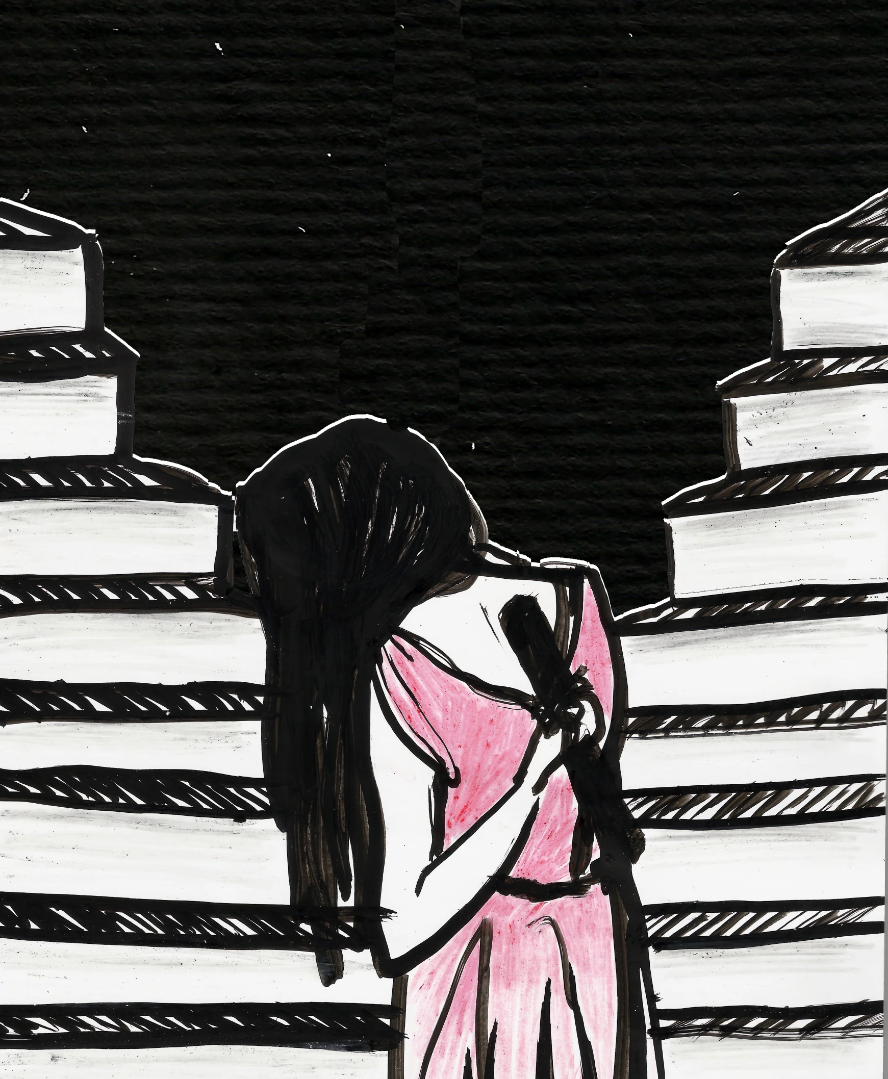 a drawing of a woman looking at stacks of paper