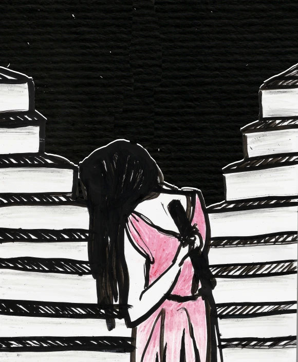 a drawing of a woman looking at stacks of paper