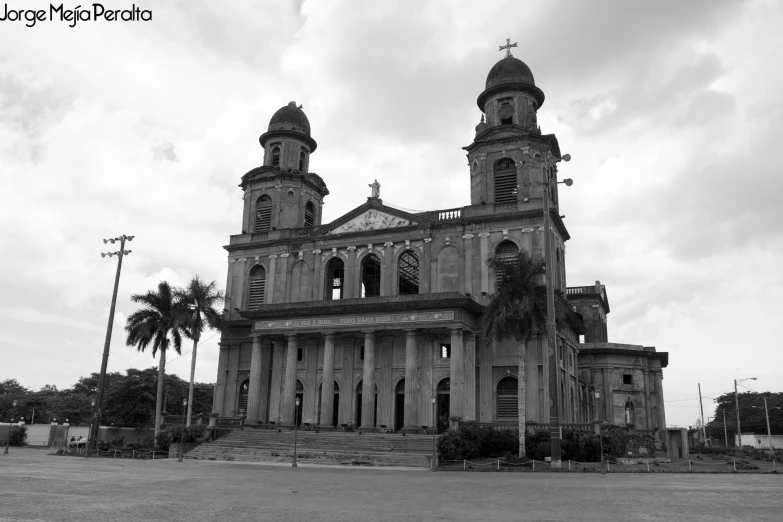 black and white image of a church with towers