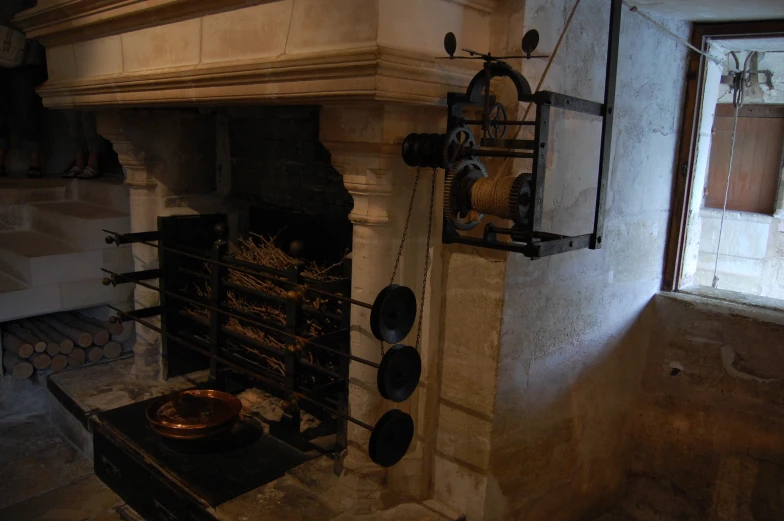 an old stove is shown in a room with a window