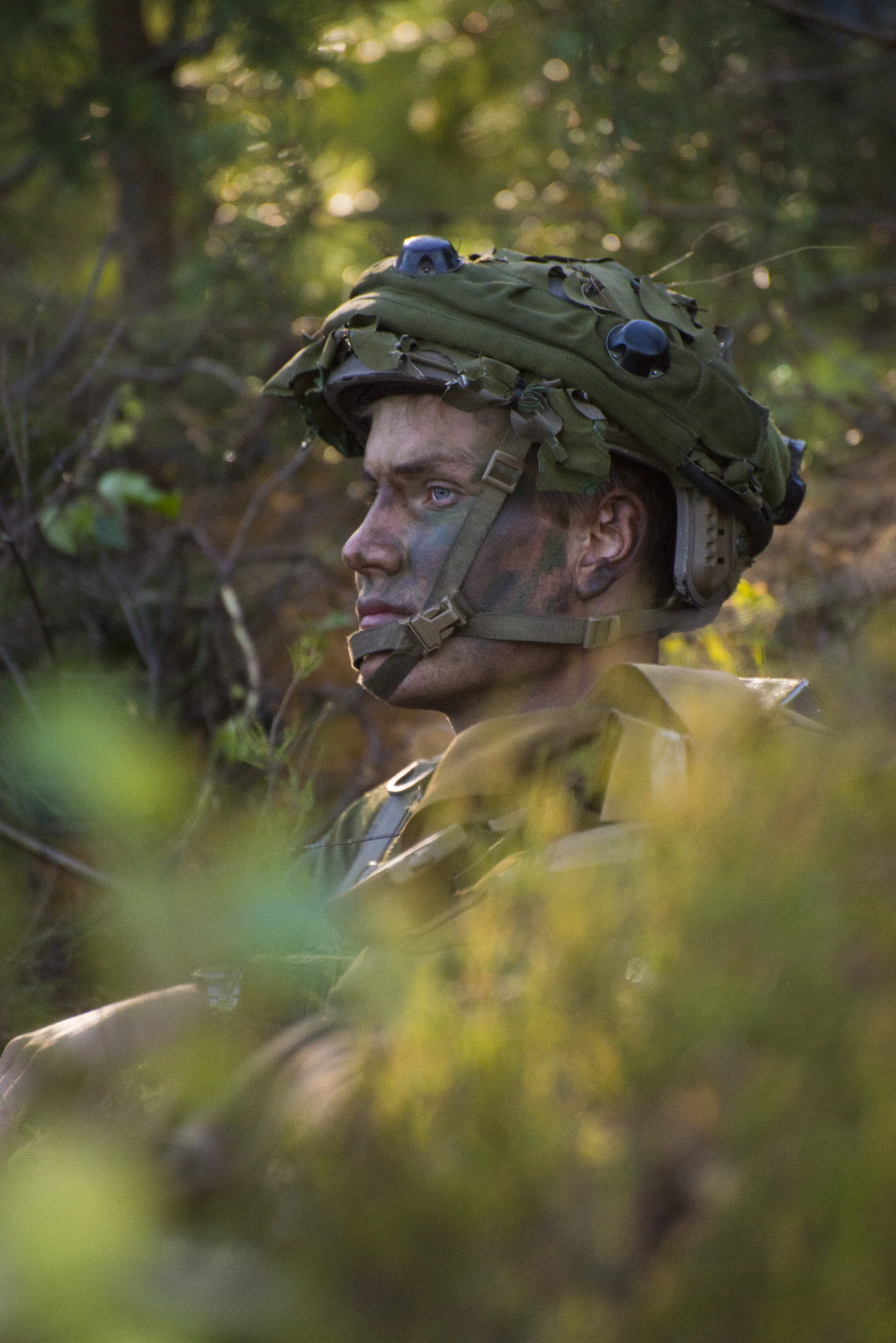 a camouflaged soldier looking in the woods