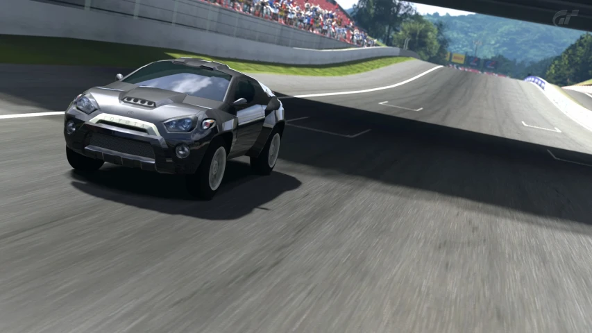 an extreme racing game car is driving along a race track