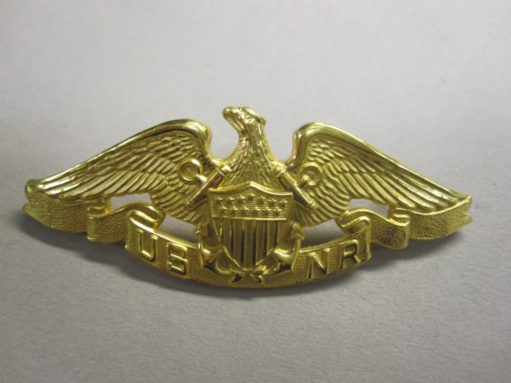 an gold colored brooch with two wings on a white table