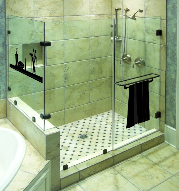 a bathroom with tiled walls and a shower stall