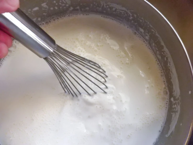 a person holds a whisk in the mixing bowl