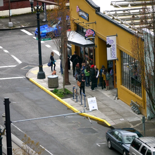 an overhead s of people walking by a store