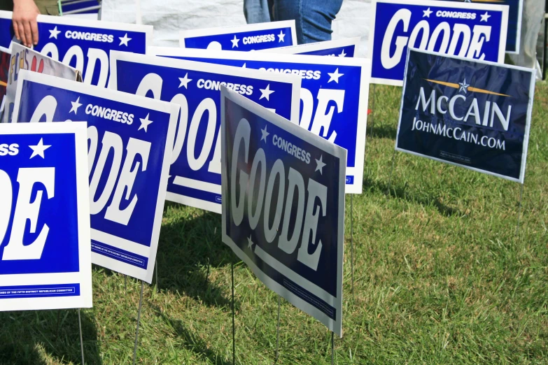 some political signs are standing in the grass