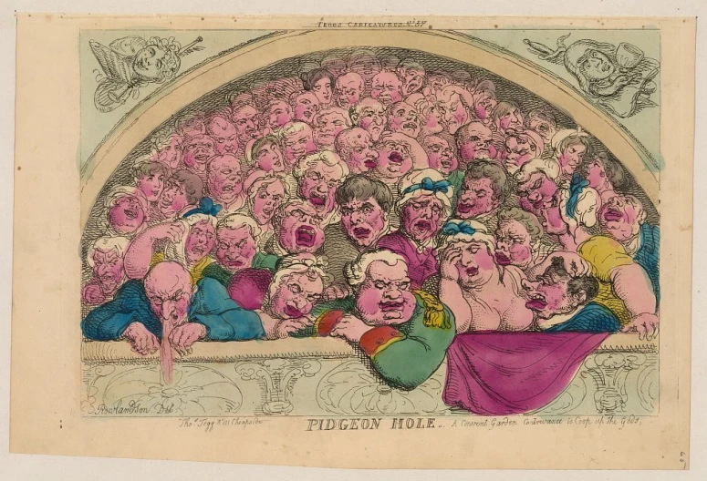 a drawing of an audience with a group of people in the background