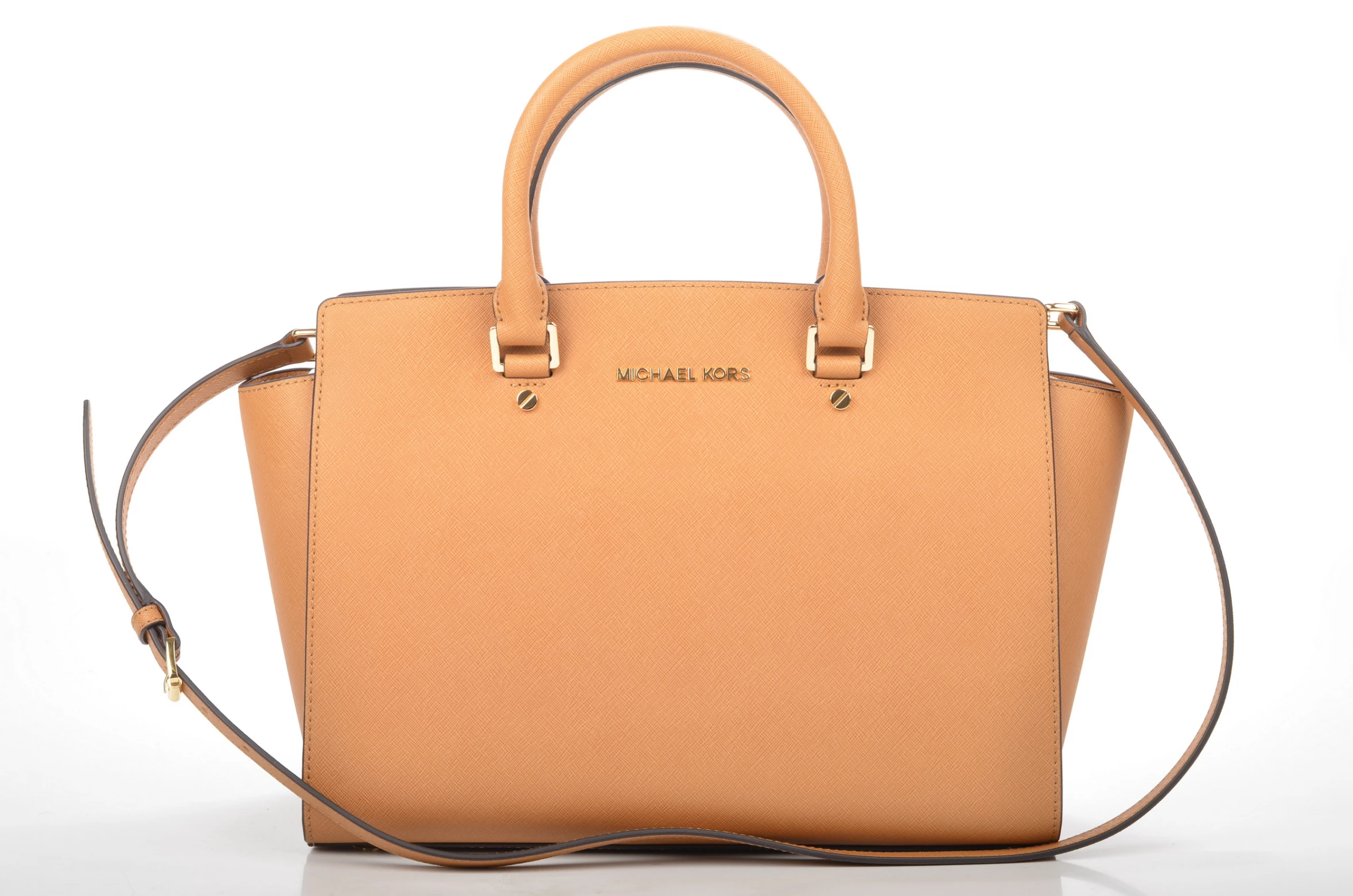 a light brown handbag on a white background