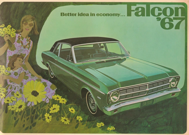the ad for falcon 697 shows two girls posing next to a car