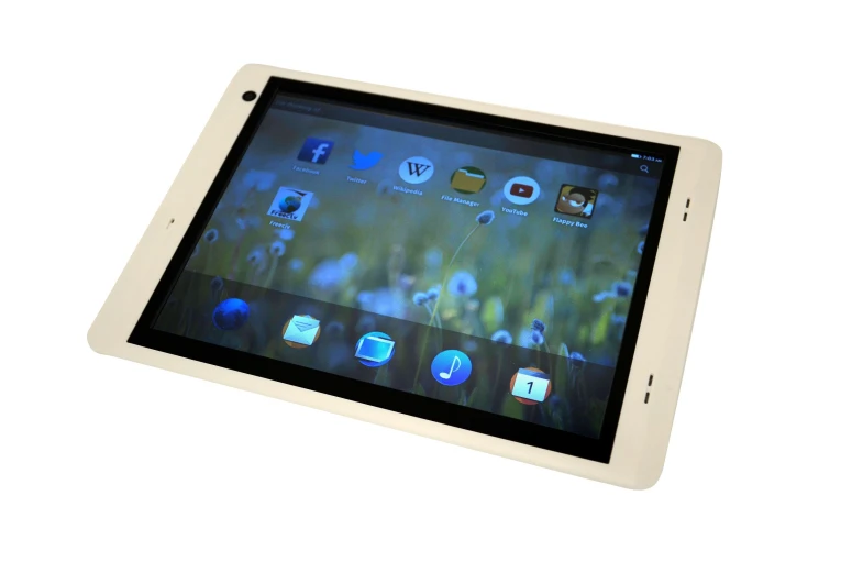 an open tablet showing several icons on a display