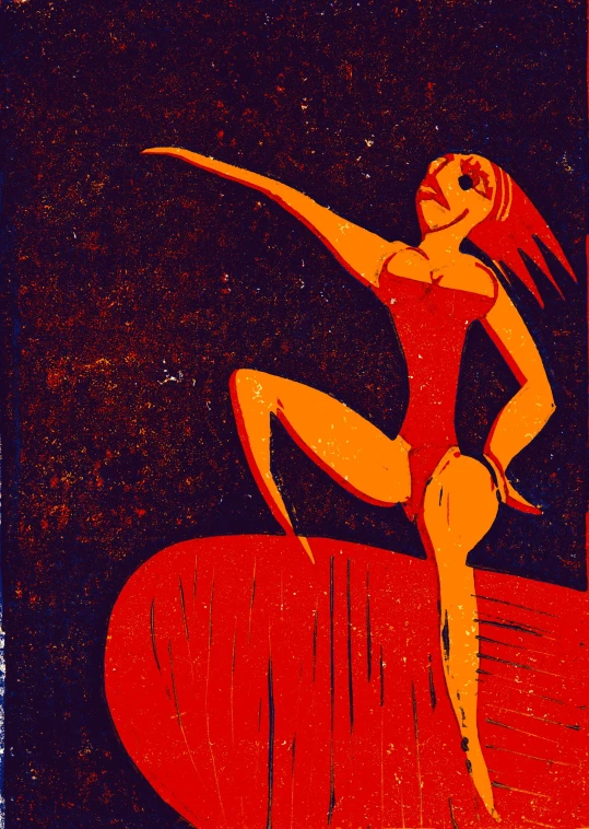 a stylized painting of a woman in red and orange