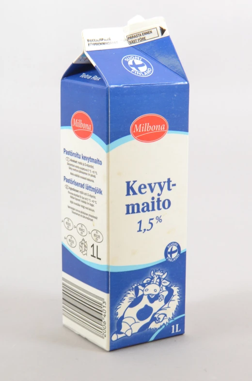 the carton of a drink is blue with white writing