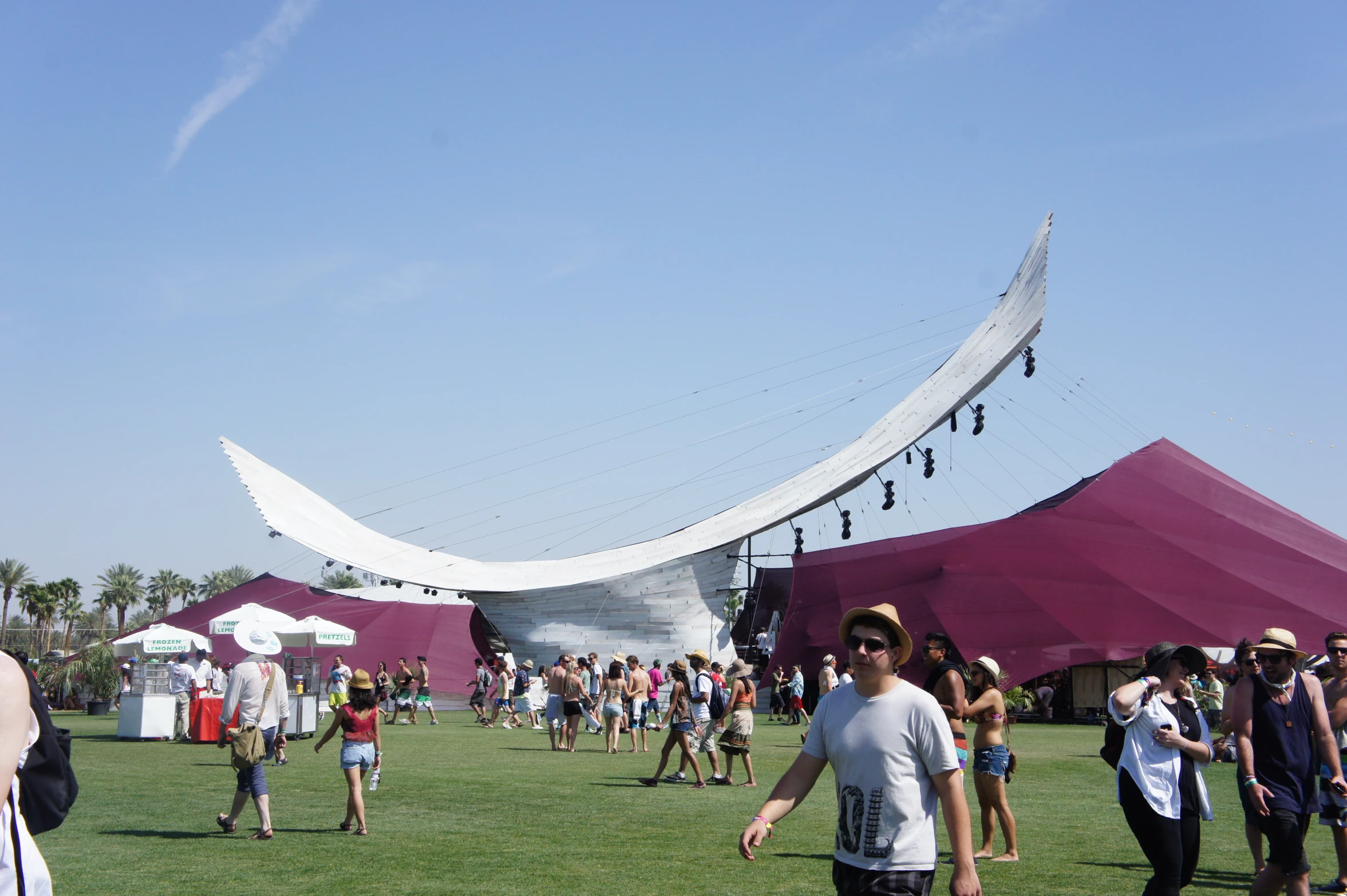 several people are standing around in a grassy area under a tent