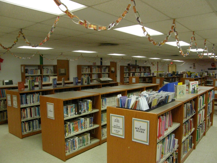 there is a school liry with many bookcases and tables