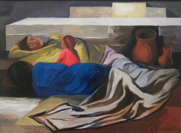 a painting of a woman laying on top of a bed
