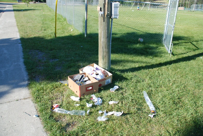 an unopened box and litter next to a fence