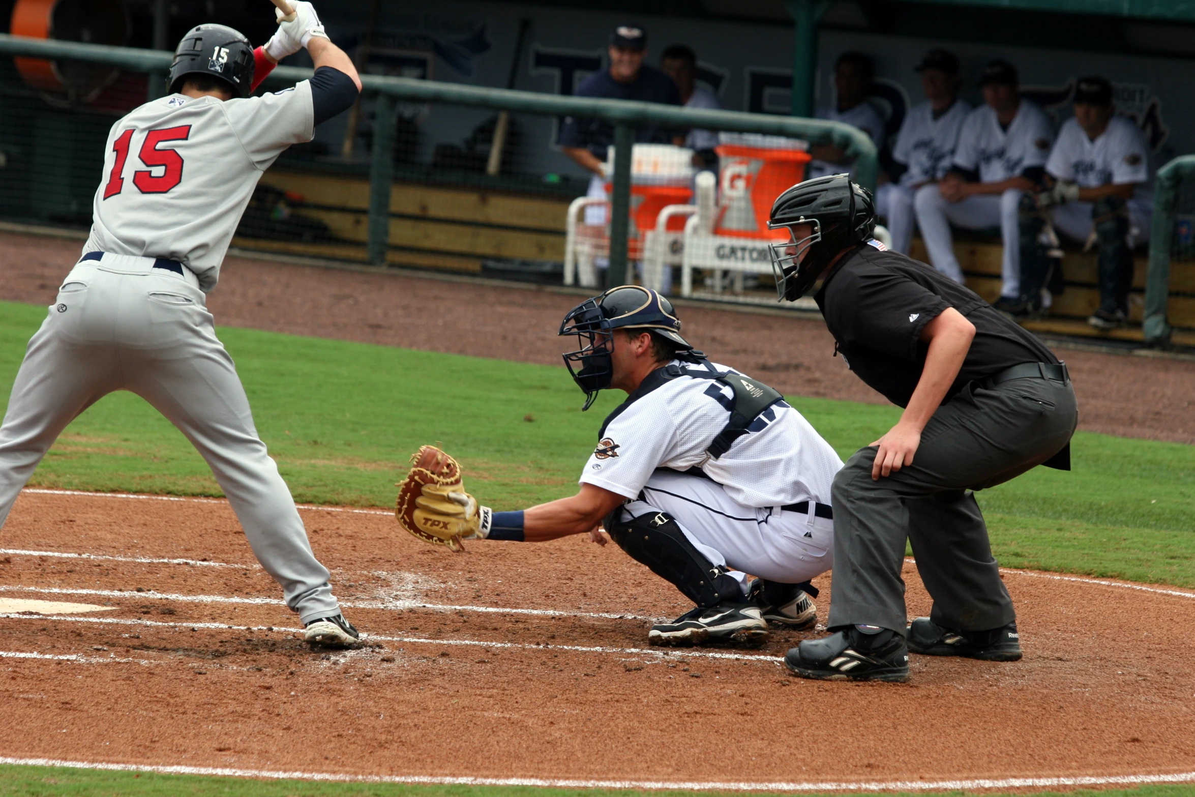 a catcher trying to get the ball from a pitcher