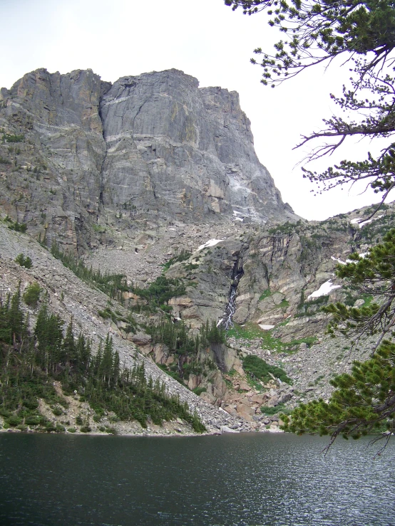 a lake in the middle of mountains under a partly cloudy sky