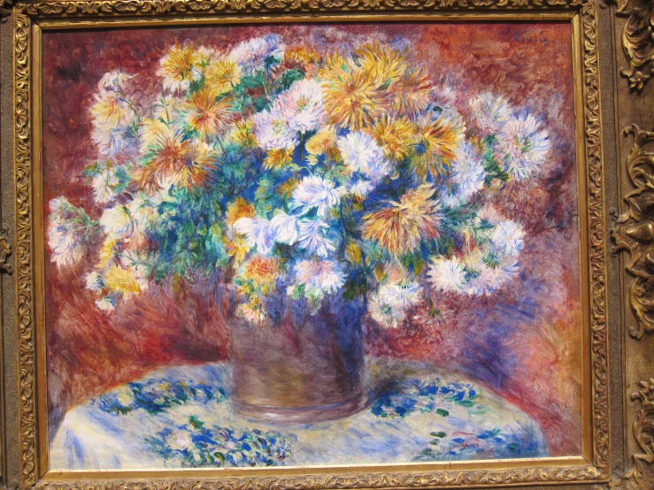 a painting depicting yellow and white flowers in a vase on a table