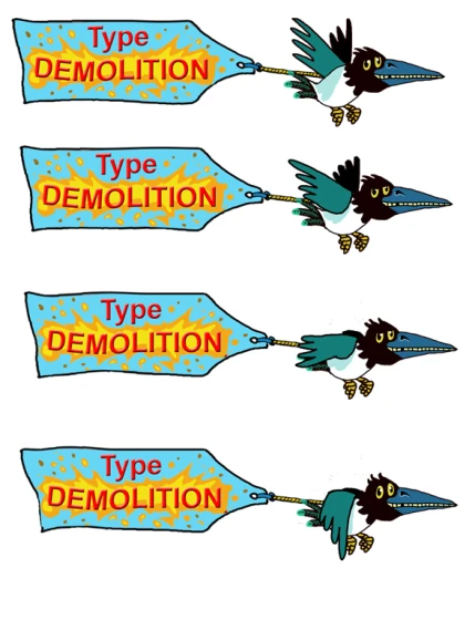 a group of three banners with different types of demooliation