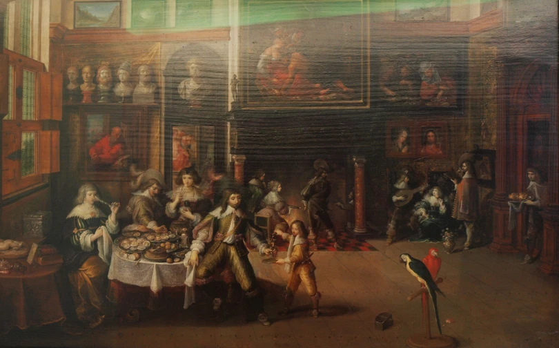 a painting shows a group of people eating in a museum