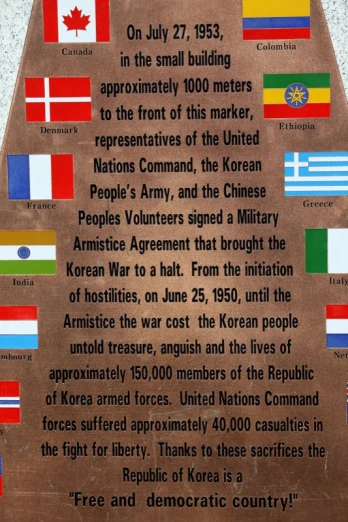 an advertit in which a large wooden board with flags has been placed in it