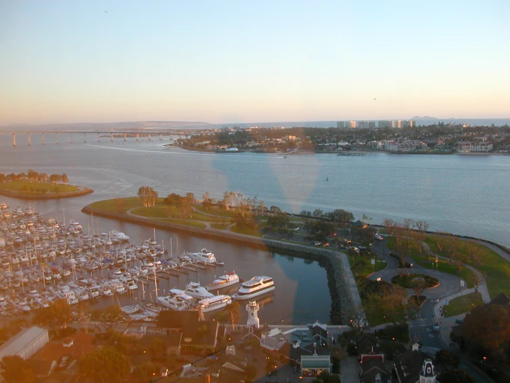 boats are parked at the marina and a city