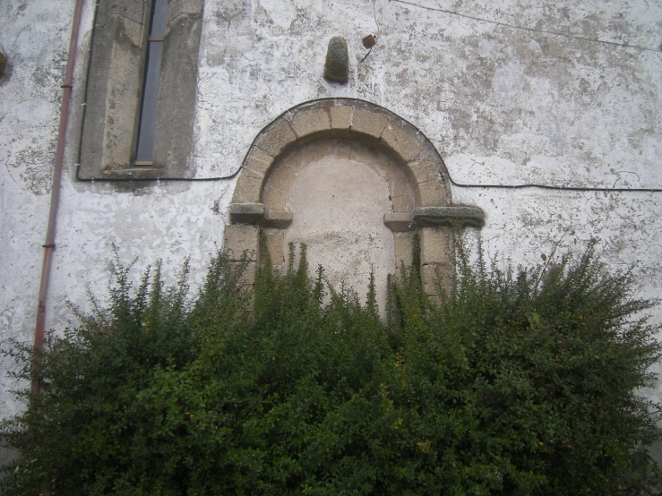a stone arch above two bushes and a window