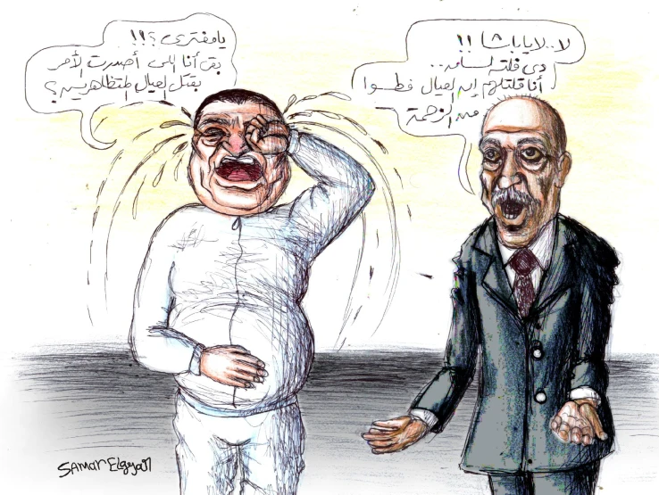 cartoon of two men talking and the man with a surprised expression, two men with thought bubbles above their heads